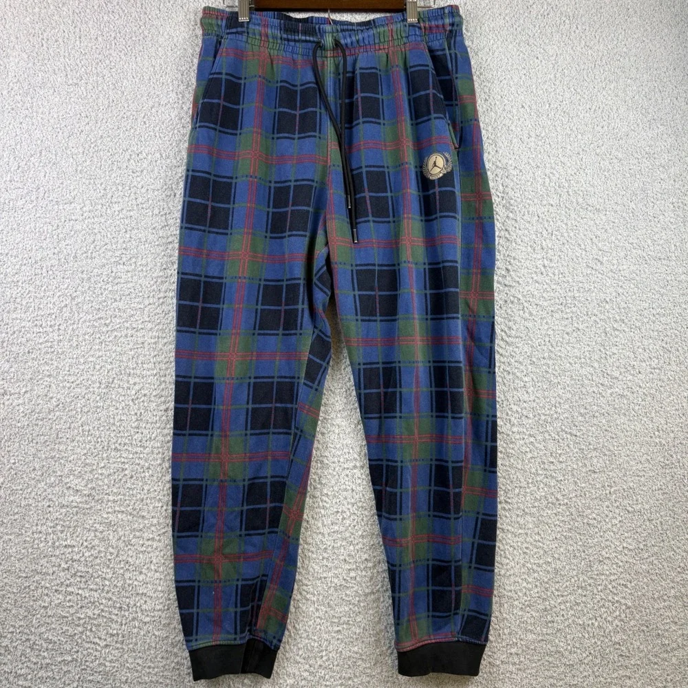 Jordan Flight Pants Mens Large Blue Plaid Fleece Joggers Jumpman Logo Nike